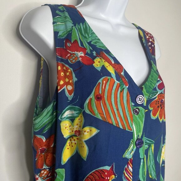 Vintage 80s Saint Tropez West Mini Shift Dress Size 16 Tropical Fish Sea Life - Picture 4 of 9
